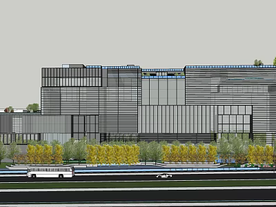Modern Office Building Exterior With Glass Curtain Wall And Landscaping Greenery 3d model