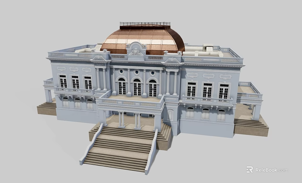 Historic Architecture Featuring Copper Dome White Walls Arched Windows And Stone Steps 3d model 