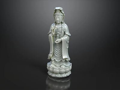 Intricately Carved White Guanyin Stone Sculpture With Lotus Base And Details 3d model