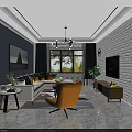 Modern Minimalist Living Dining Room Interior With White Brick Wall TV And Wooden Stand