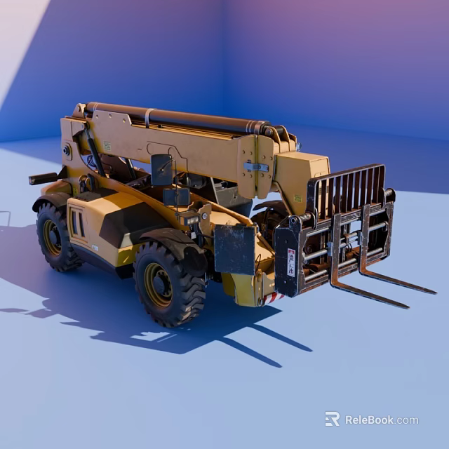Yellow Construction Telehandler With Telescopic Boom Large Tires And Fork Attachment 3d model 