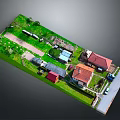 Miniature Residential Community Model With Houses Green Lawns Roads And Vehicles