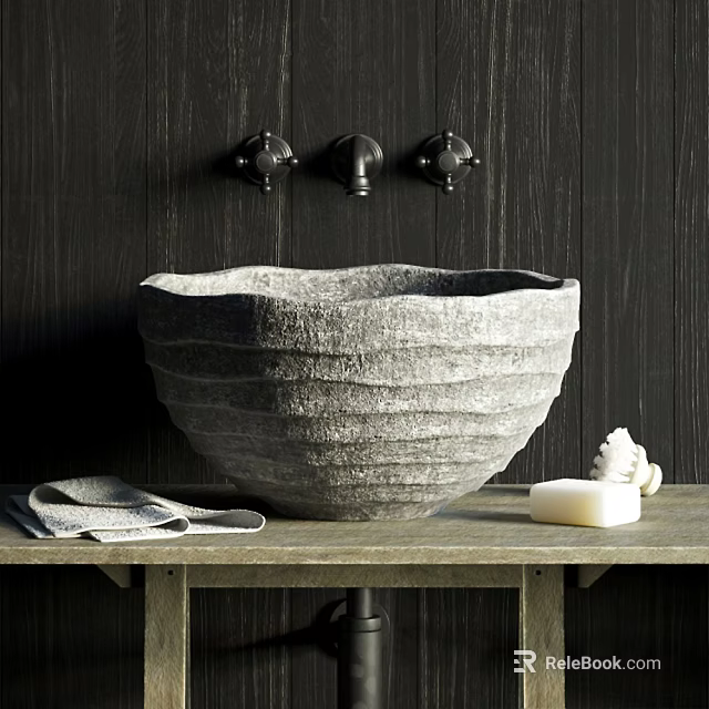 Textured Stone Washbasin on Wooden Countertop with Towel Soap Shell Faucets and Dark Wooden Wall 3d model 