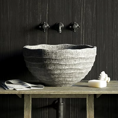 Textured Stone Washbasin on Wooden Countertop with Towel Soap Shell Faucets and Dark Wooden Wall 3d model