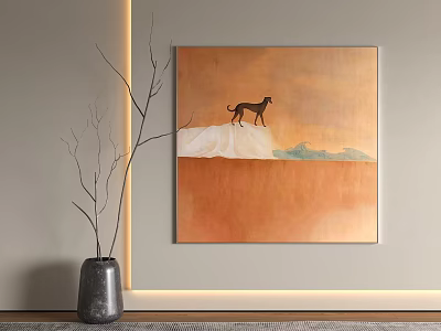 Minimalist Interior Decor With Dog Painting Orange Background Gray Vase And Branches 3d model