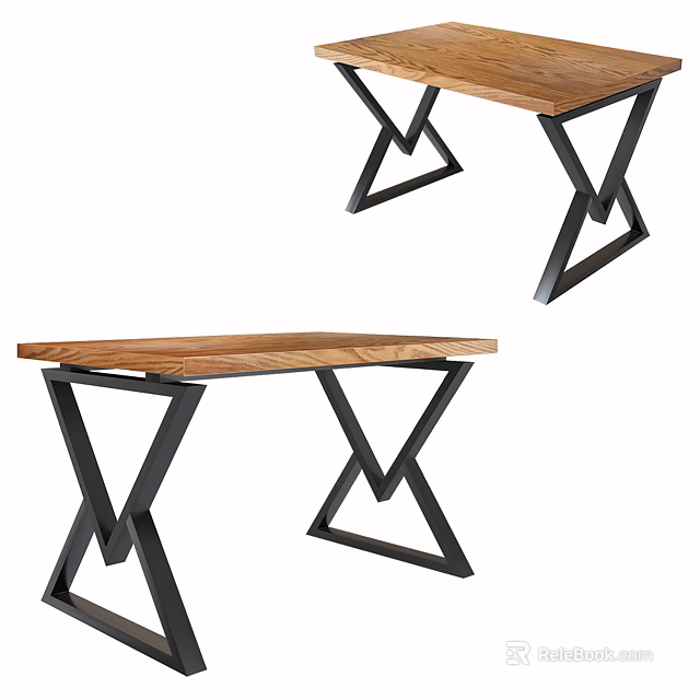 Modern Dining Table With Wooden Tabletop And Black Metal Cross Legs Geometric Base 3d model 