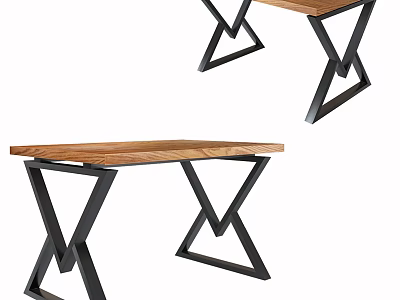 Modern Dining Table With Wooden Tabletop And Black Metal Cross Legs Geometric Base 3d model