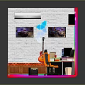 Gaming Room Interior With Multiple Monitor Setup Neon Lights Guitar Speakers And Patterned Rug