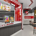 Modern Red Themed Restaurant Interior With Counter And Food Displays