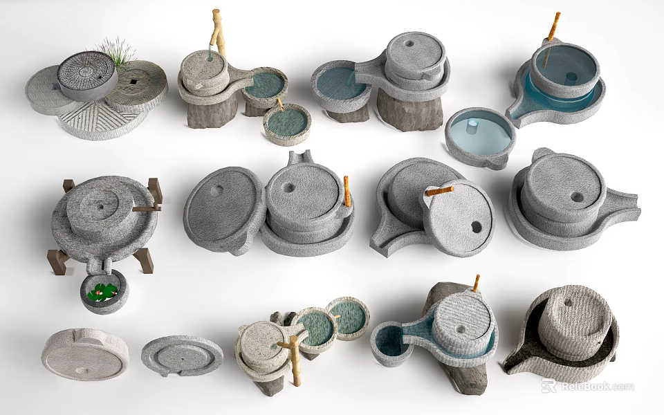 Garden Ornaments Featuring Stone And Wooden Materials Various Designs And Small Containers 3d model 