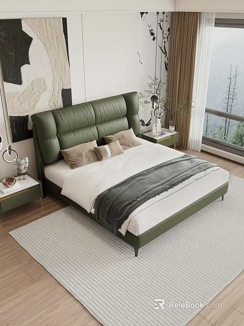 Modern Double Bed Featuring Green Leather Headboard White Bedding Gray Throw And Beige Pillows 3d model 