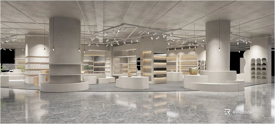 Modern Clothing Store Interior With Display Shelves Round Platforms And Track Lighting 3d model 