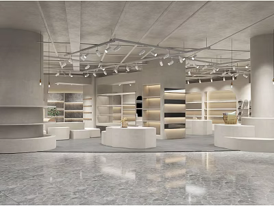 Modern Clothing Store Interior With Display Shelves Round Platforms And Track Lighting 3d model