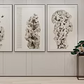 Three Chinese Ink Stone Paintings Decorating Wall With Side Table Plant 3d model
