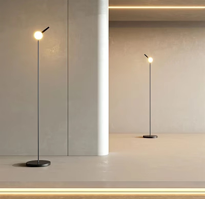 Modern Minimalist Floor Lamps With Black Pole And White Shade Illuminating Simple Indoor Setting 3d model