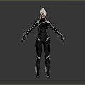 Female Superhero Character In Black Tight Suit With White Hair And Mask