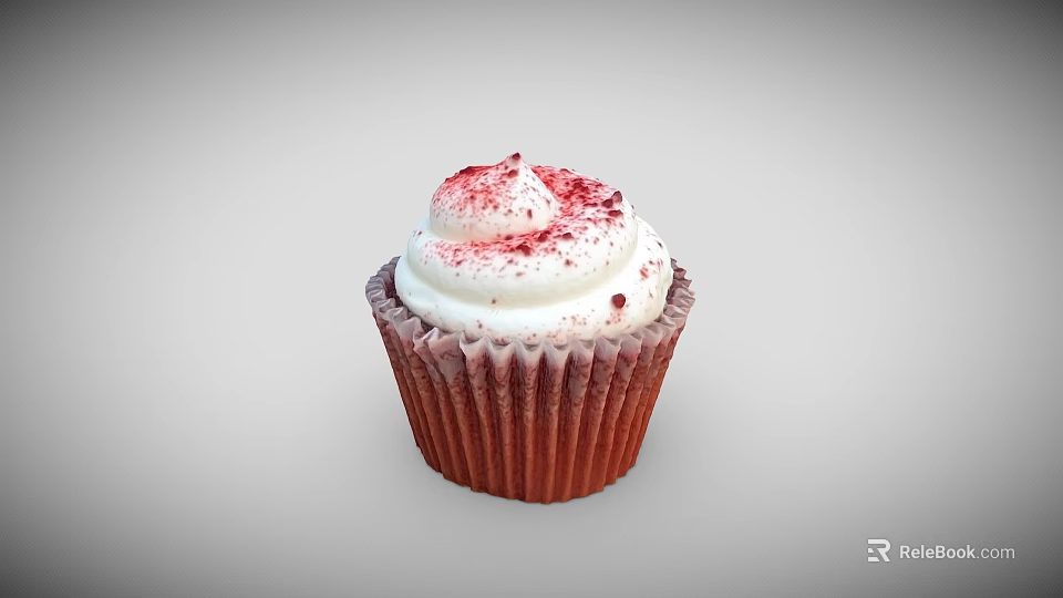 Delicious Cupcake With Red Paper Cup And White Cream Frosting Topped With Red Sprinkles 3d model 