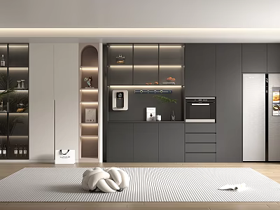 Modern Kitchen Interior With Sleek Sideboard Gray Cabinets Recessed Lighting And Decorative Items 3d model