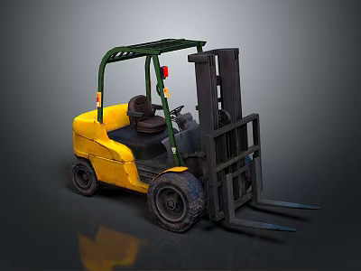 Yellow Forklift With Green Overhead Frame Black Forks And Driver Seat 3d model