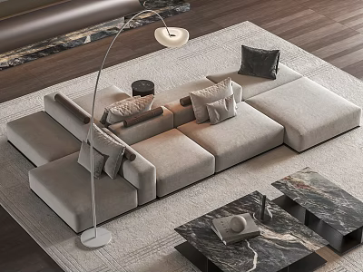 Modern Gray Sectional Sofa In Living Room With Marble Coffee Tables And Floor Lamp 3d model