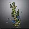 Artistic Decorative Statue With Green Yellow Colors Holding Long Staff And Cacti Blue Fish