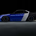Blue Sports Car With Black And White Stripes Modified Rear Spoiler And Sporty Wheels