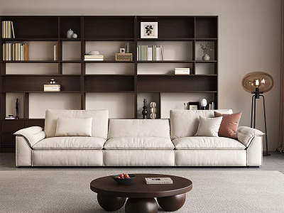 Beige Sofa And Round Coffee Table Living Room Interior With Dark Brown Bookshelf Floor Lamp 3d model