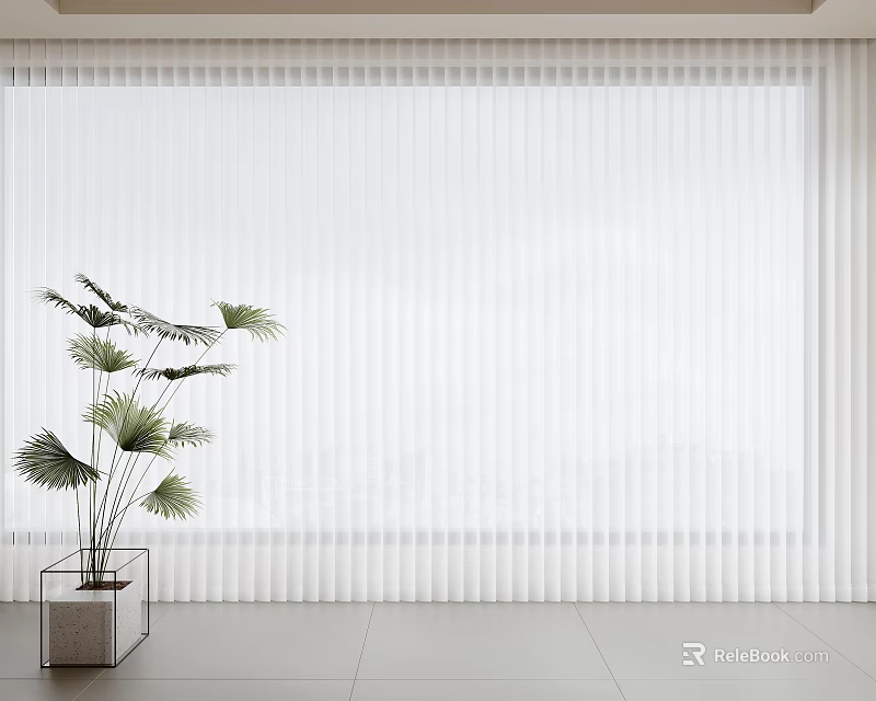 Modern White Vertical Blinds In Interior Room With Potted Plant And Light Filtering Design 3d model 