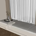 Gray Soft Cushioned Window Seat With Curtains Tray Decorations And Blanket
