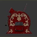 Vintage Red Cash Register With Ornate Gold Decorative Patterns And Classic Design