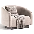 Light Grey Modern Upholstered Lounge Chair With Plaid Decorative Pillow And Soft Tassel Throw Blanket