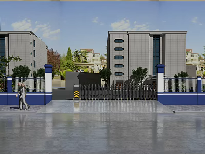 Modern Entrance Gate With Electric Sliding Design Grey Building Blue White Pillars And Green Trees 3d model