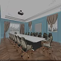 Modern Public Office Space With Glass Top Table Grey Rolling Chairs Bookshelves And Wooden Flooring