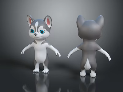 Two Cute Cartoon Puppies Front And Back Views With Blue Eyes Gray White Fur 3d model