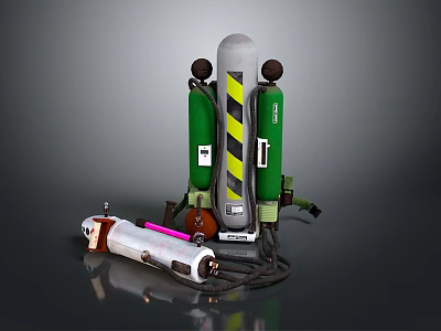 Industrial Gas Cylinders Featuring Green Tanks Gray Warning Column And Hoses 3d model