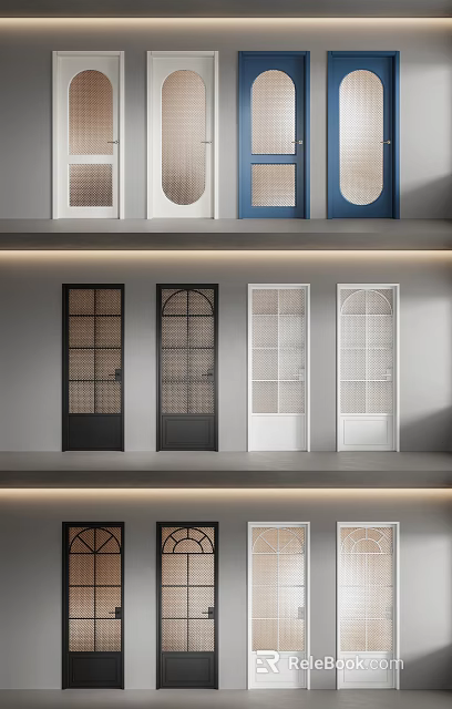 Stylish Hinged Doors In Black White Blue With Grid Circular Glass Panels 3d model 