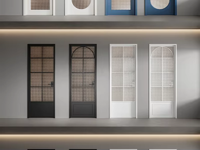 Stylish Hinged Doors In Black White Blue With Grid Circular Glass Panels 3d model