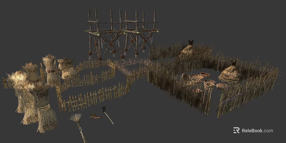 Decorative Garden Ornaments With Wooden Frames Straw Stacks Fences And Tools 3d model 