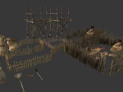 Decorative Garden Ornaments With Wooden Frames Straw Stacks Fences And Tools 3d model