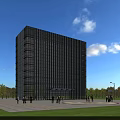 Modern Tall Office Building Featuring Glass Curtain Wall And People In Front Plaza With Trees