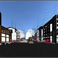 Vibrant Sunset Commercial Street With Traditional Modern Buildings Pedestrians Trees Red Umbrellas And Outdoor Seating