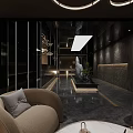 Modern Black SPA Sauna Lounge Area With Sofa Chandelier Night View And Windows