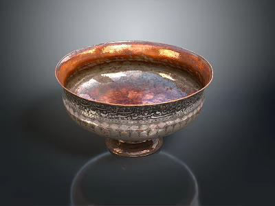 Antique Copper Silver Sculpture Carving Bowl With Intricate Engravings And Pedestal Base 3d model