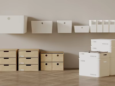 White Wall Mounted and Wooden Floor Standing Storage Baskets for Home Organization 3d model