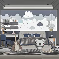 Playful Kids Bedroom Interior Design With Cloud Wallpaper Bed Stuffed Toys Desk And Soccer Ball