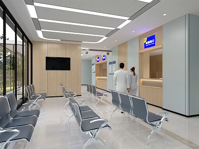 Modern Medical Waiting Room With Gray Chairs Reception Desk Staff And TV Screen 3d model