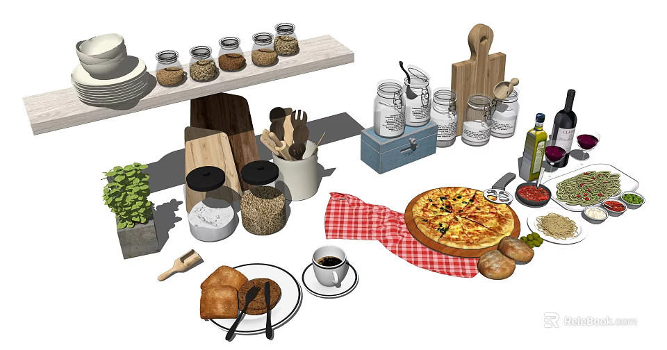 Delicious Pizza And Fresh Bread With Coffee Spice Jars Cutting Board Red Wine Green Herbs 3d model 