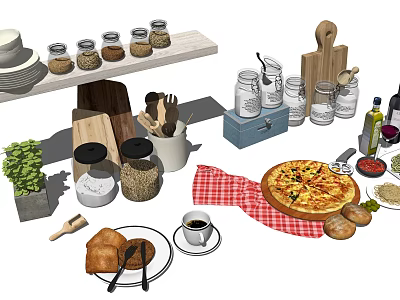 Delicious Pizza And Fresh Bread With Coffee Spice Jars Cutting Board Red Wine Green Herbs 3d model
