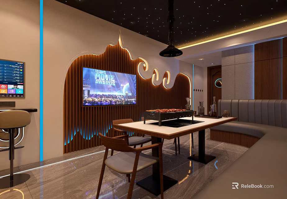 Modern KTV Room Interior Design With Large Screen Wooden Decor And Comfortable Sofa Seats 3d model 