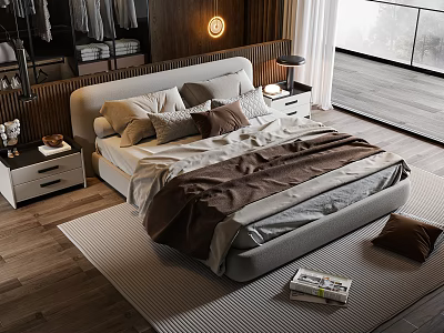 Modern Double Bed With Pillows On Wooden Floor Rug Nightstand Lamp And Magazine 3d model
